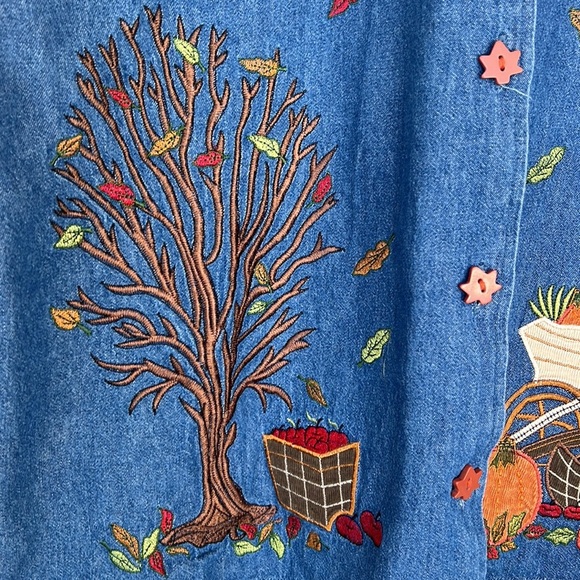 Tantrums Vintage, Autumn Fall Thanksgiving Embroidered Detail, Denim Shacket Top - Picture 4 of 12